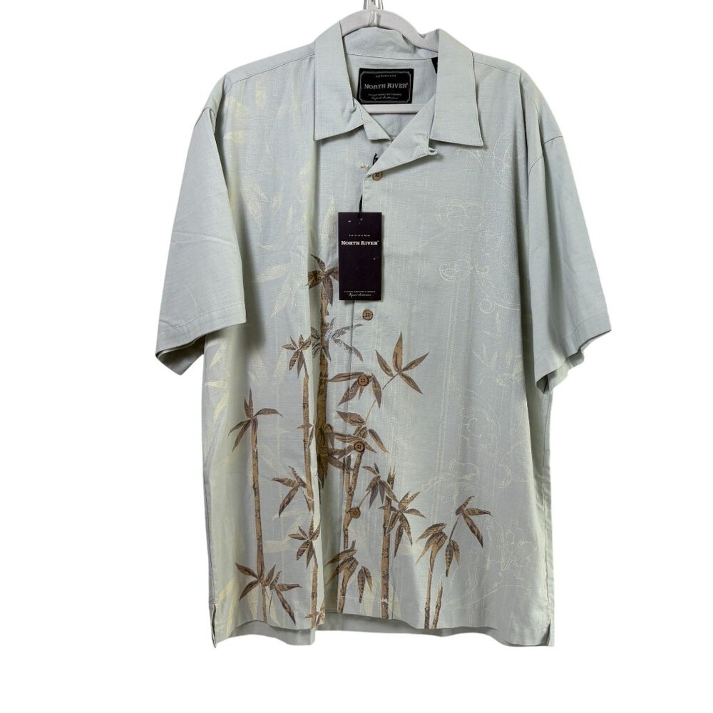North River Button Front Shirt Size L Blue Hawaiian PalmTrees Wood Buttons NWT